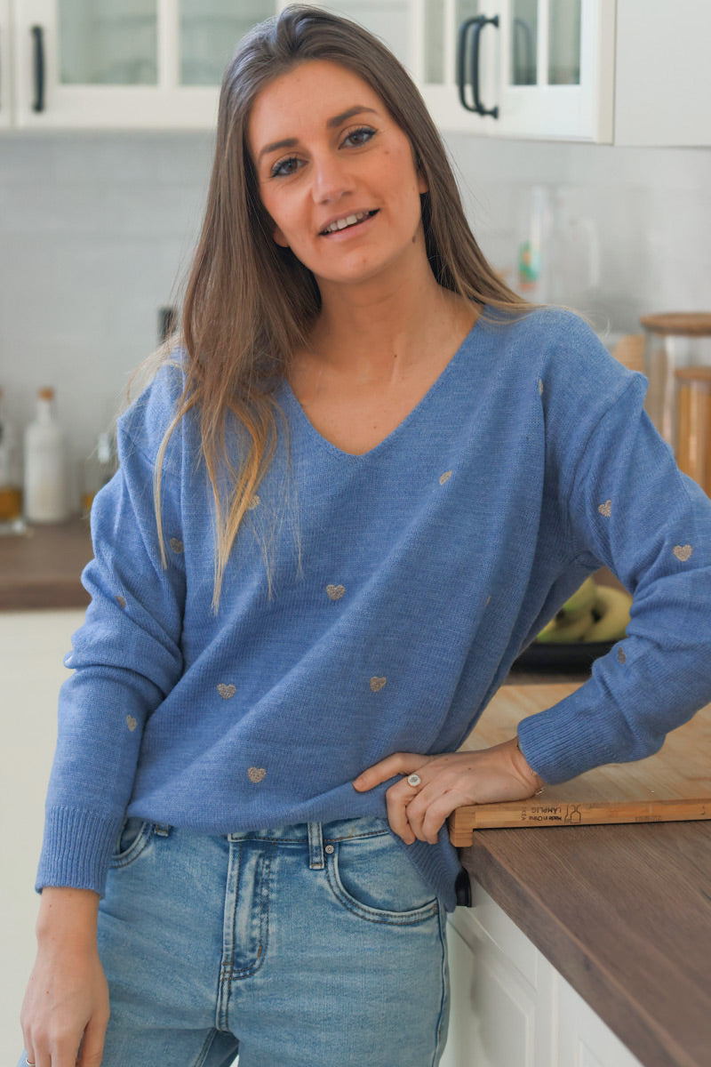 Blue Embroidered Hearts V-Neck Sweater