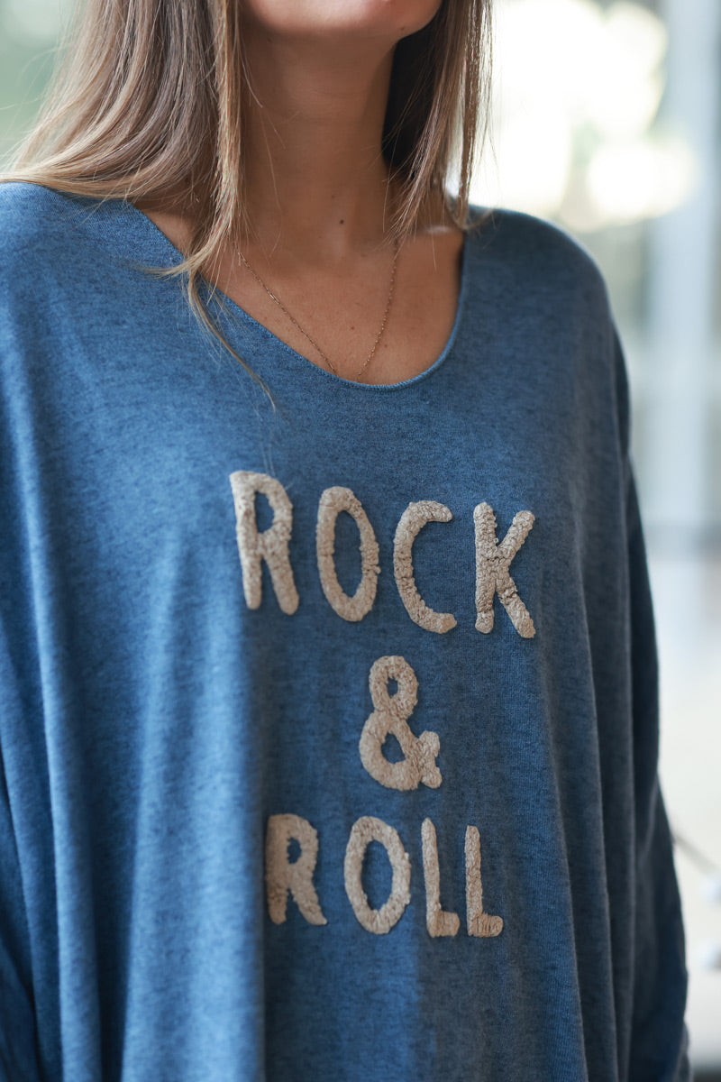 Pull bleu jean jersey doux rock and roll relief éponge