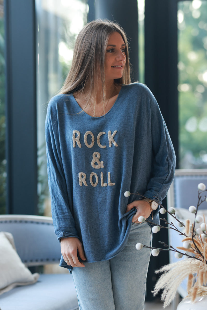 Pull bleu jean jersey doux rock and roll relief éponge