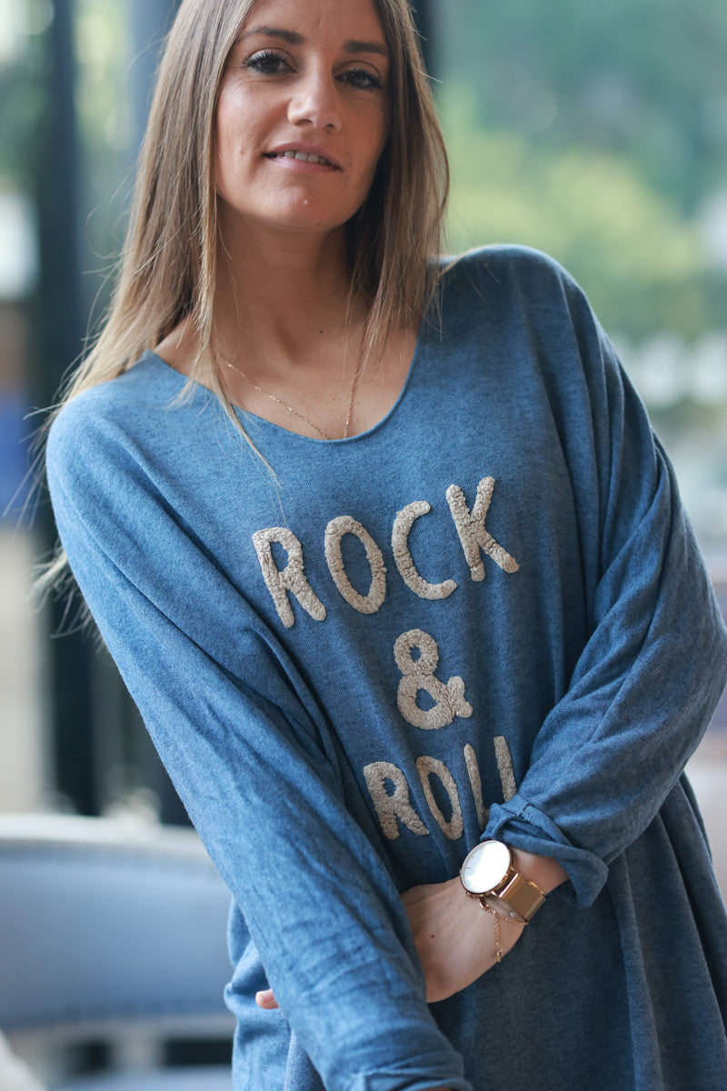 Pull bleu jean jersey doux rock and roll relief éponge