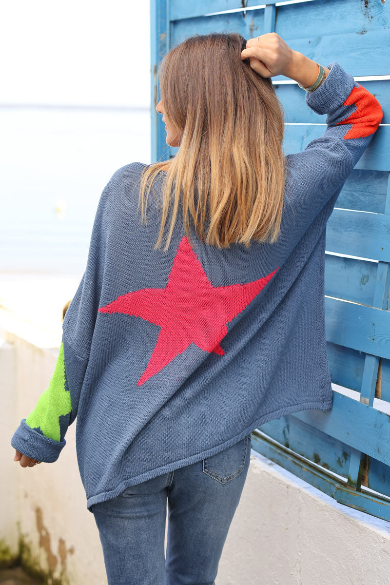 Dusty blue knit sweater with colourful stars