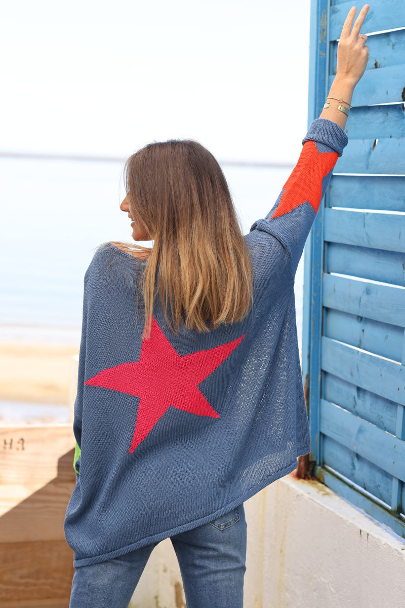 Dusty blue knit sweater with colourful stars