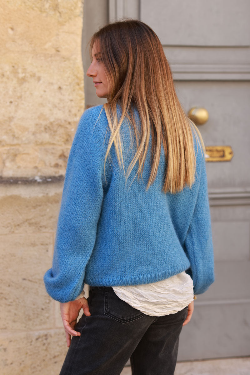 Blue Jean Knitted Mohair Blend Jumper Round Neck