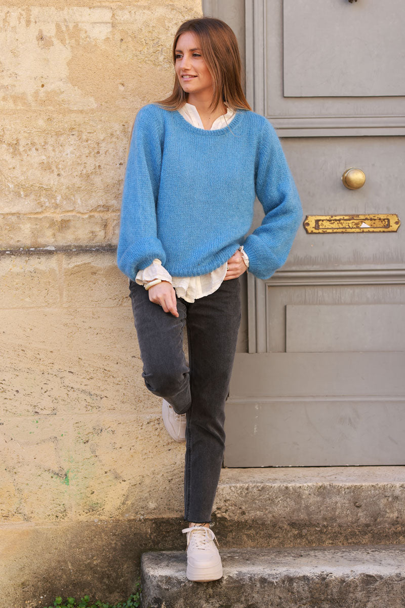 Pull bleu jean en maille manches bouffantes col rond