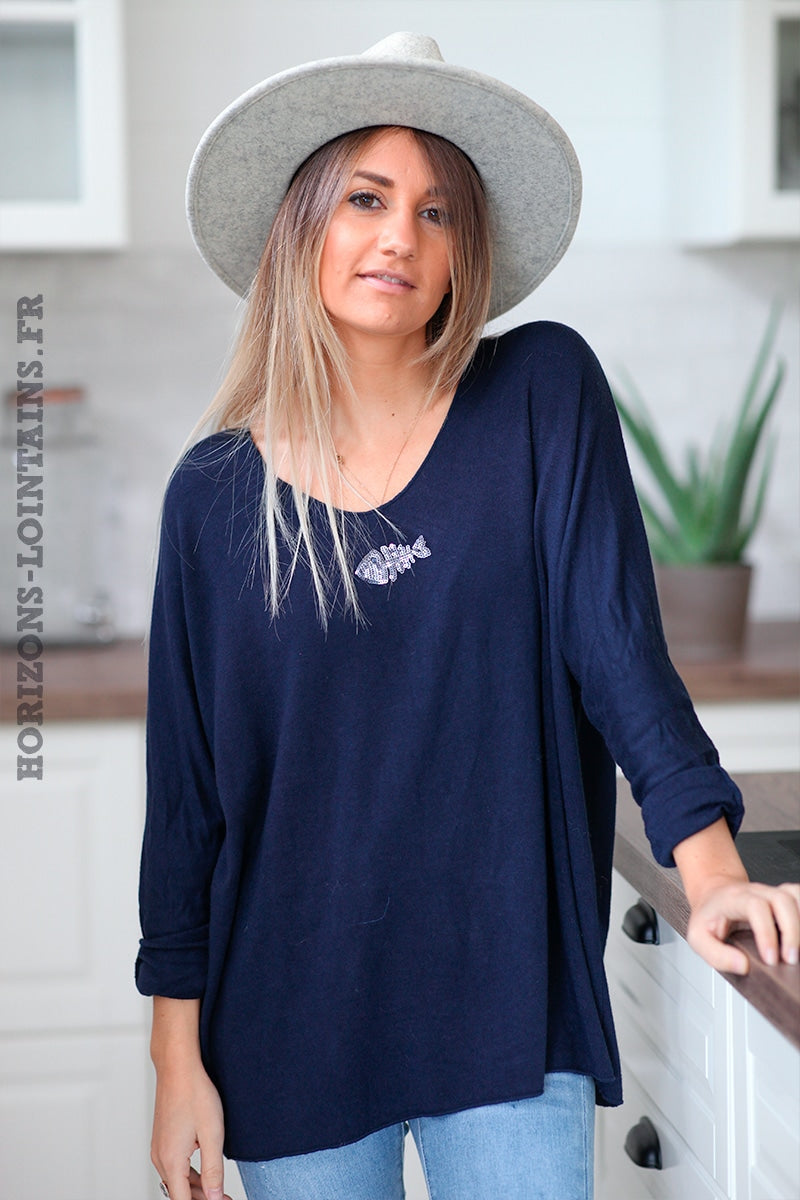 Navy blue v-neck sequin fishbone sweater