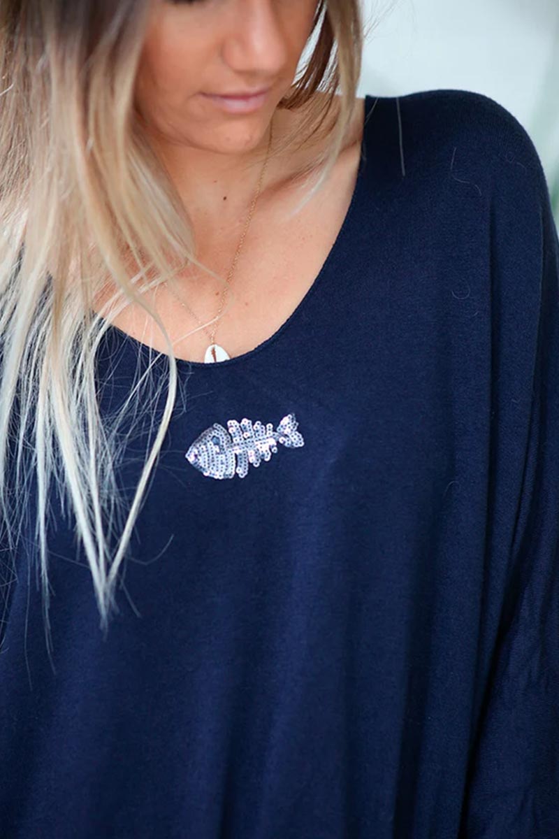 Navy blue v-neck sequin fishbone sweater