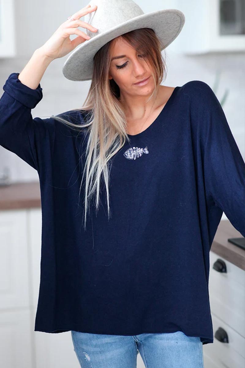 Navy blue v-neck sequin fishbone sweater