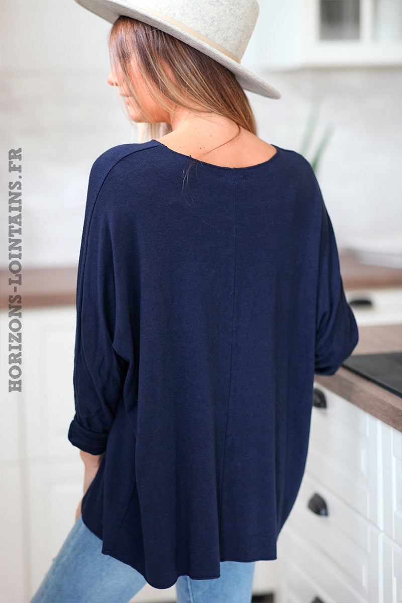 Navy blue v-neck sequin fishbone sweater