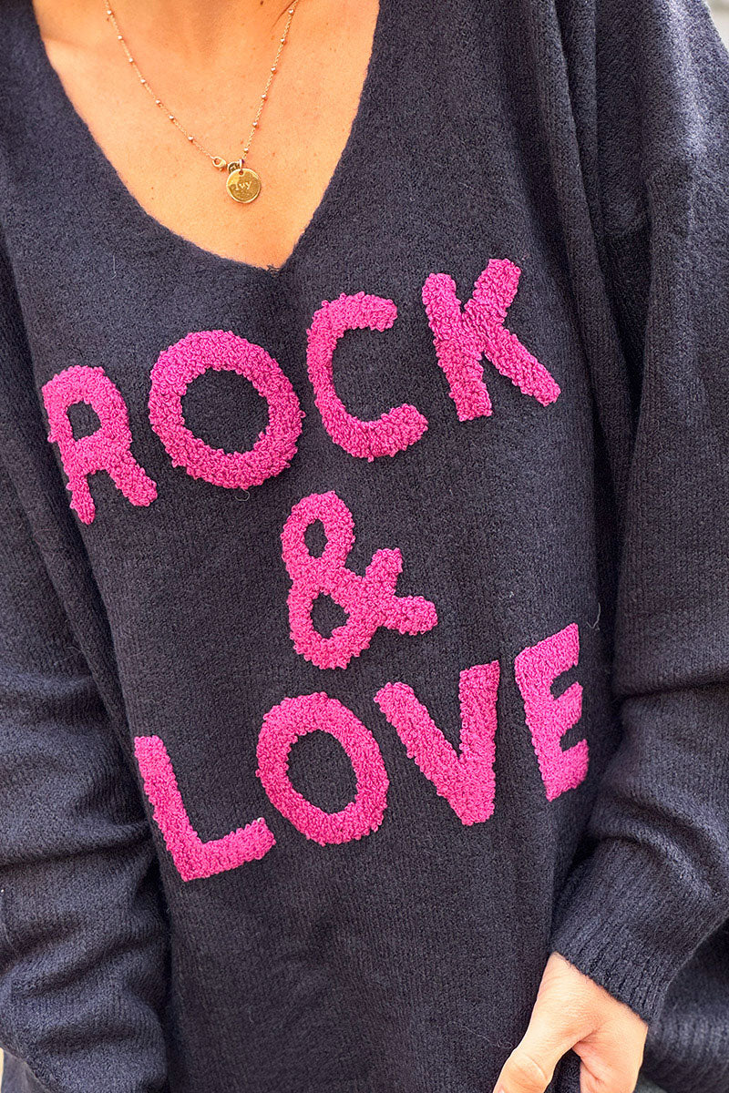Navy Blue “Rock & Love” Pink Applique Sweater