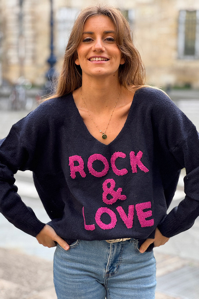 Navy Blue “Rock & Love” Pink Applique Sweater