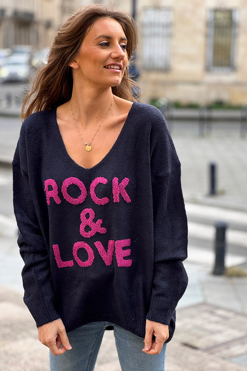 Navy Blue “Rock & Love” Pink Applique Sweater