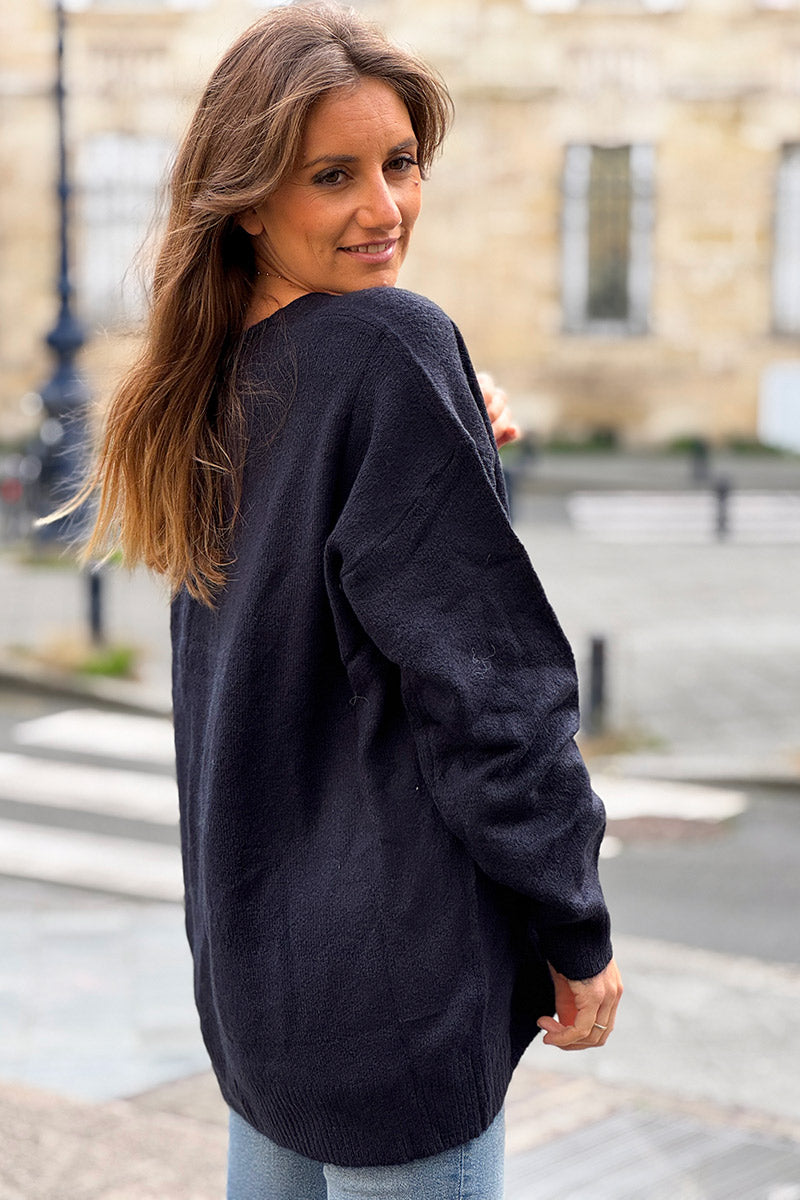 Navy Blue “Rock & Love” Pink Applique Sweater