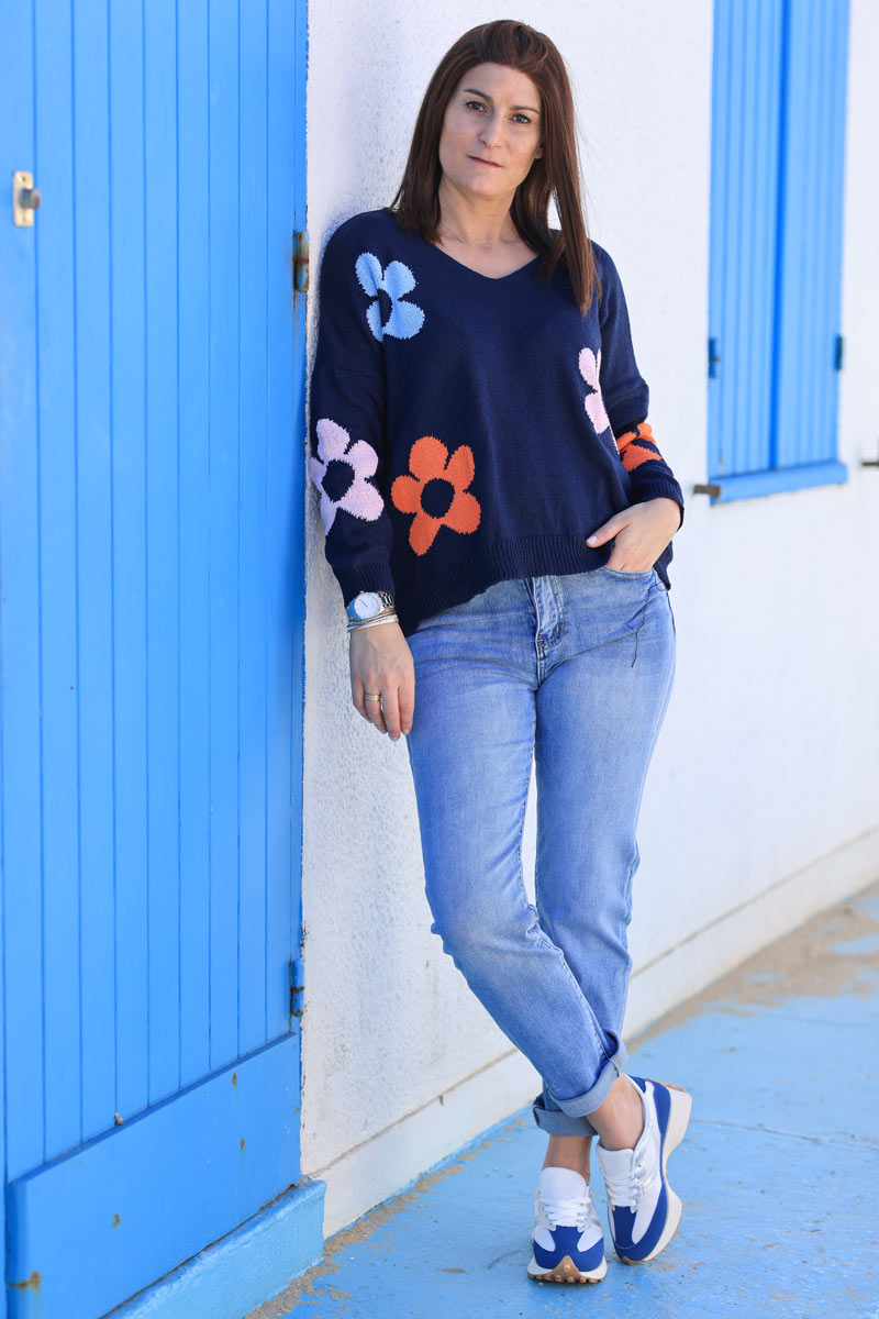 Navy blue cotton knit sweater with colourful flower print