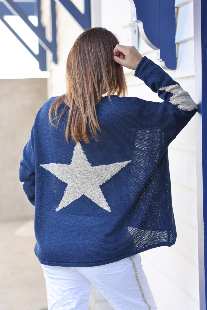 Navy blue cotton-knit boat neck jumper gold stars