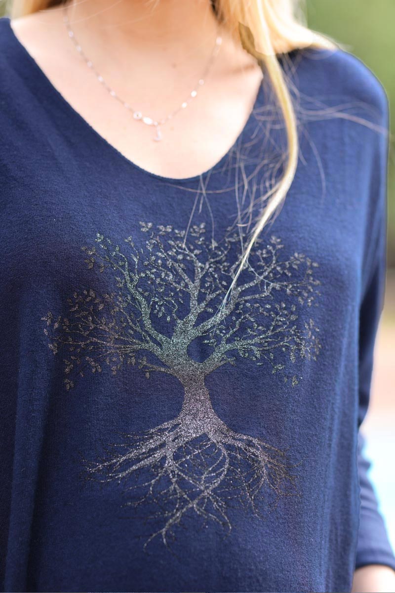 Pull bleu marine jersey arbre de vie brillant