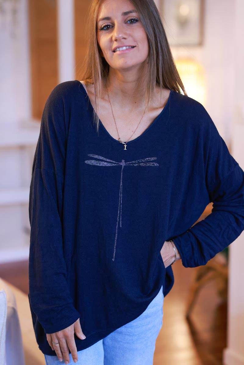 Navy Blue Light Weight Soft Sweater Glitter Dragon Fly