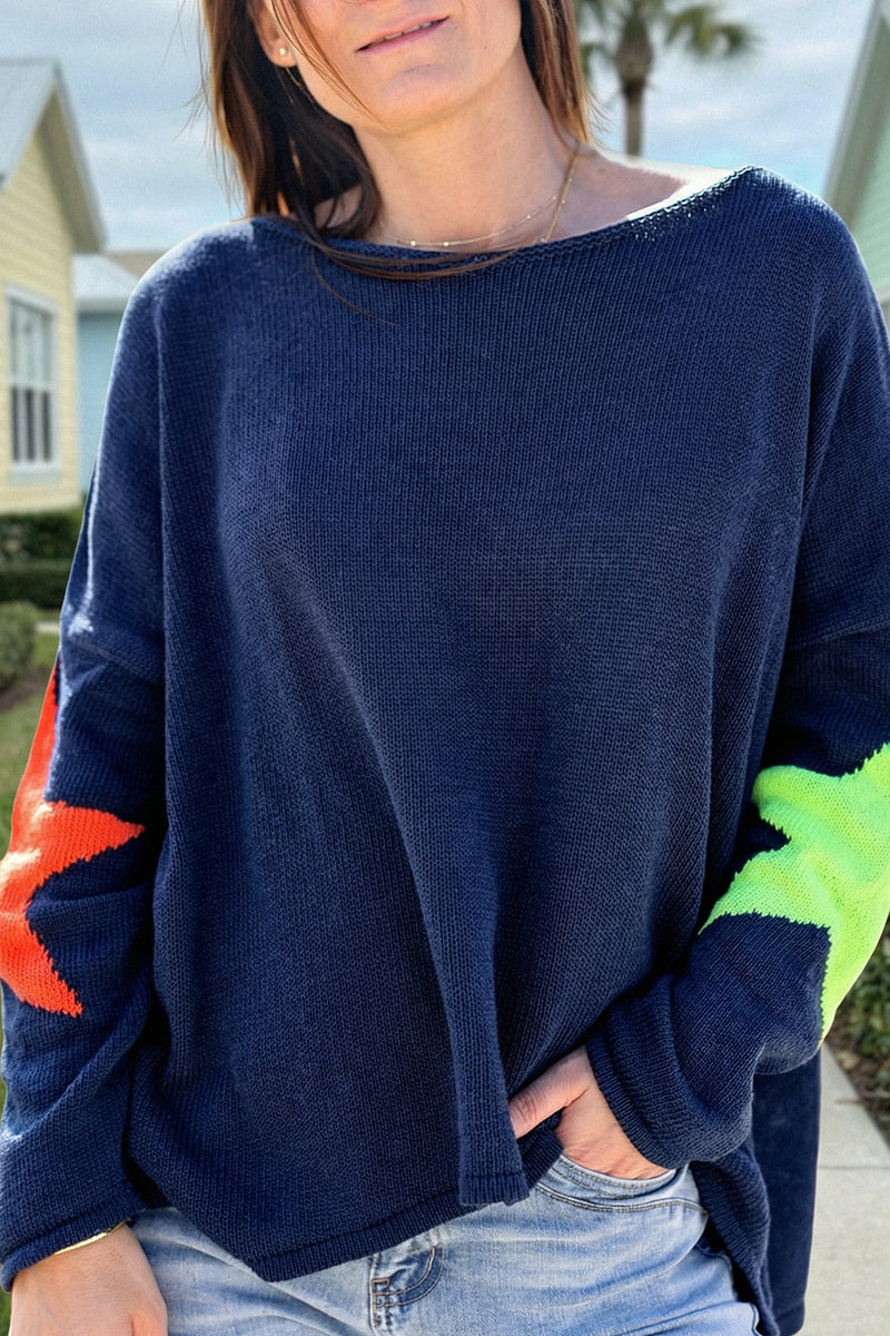 Pull bleu marine en maille coton étoiles colorées dos et manches