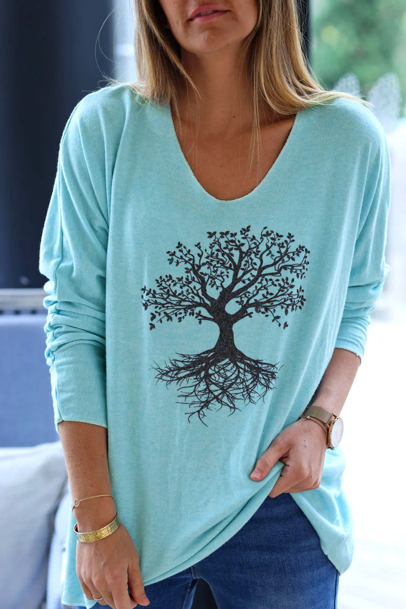 Mint blue light weight sweater with tree of life print