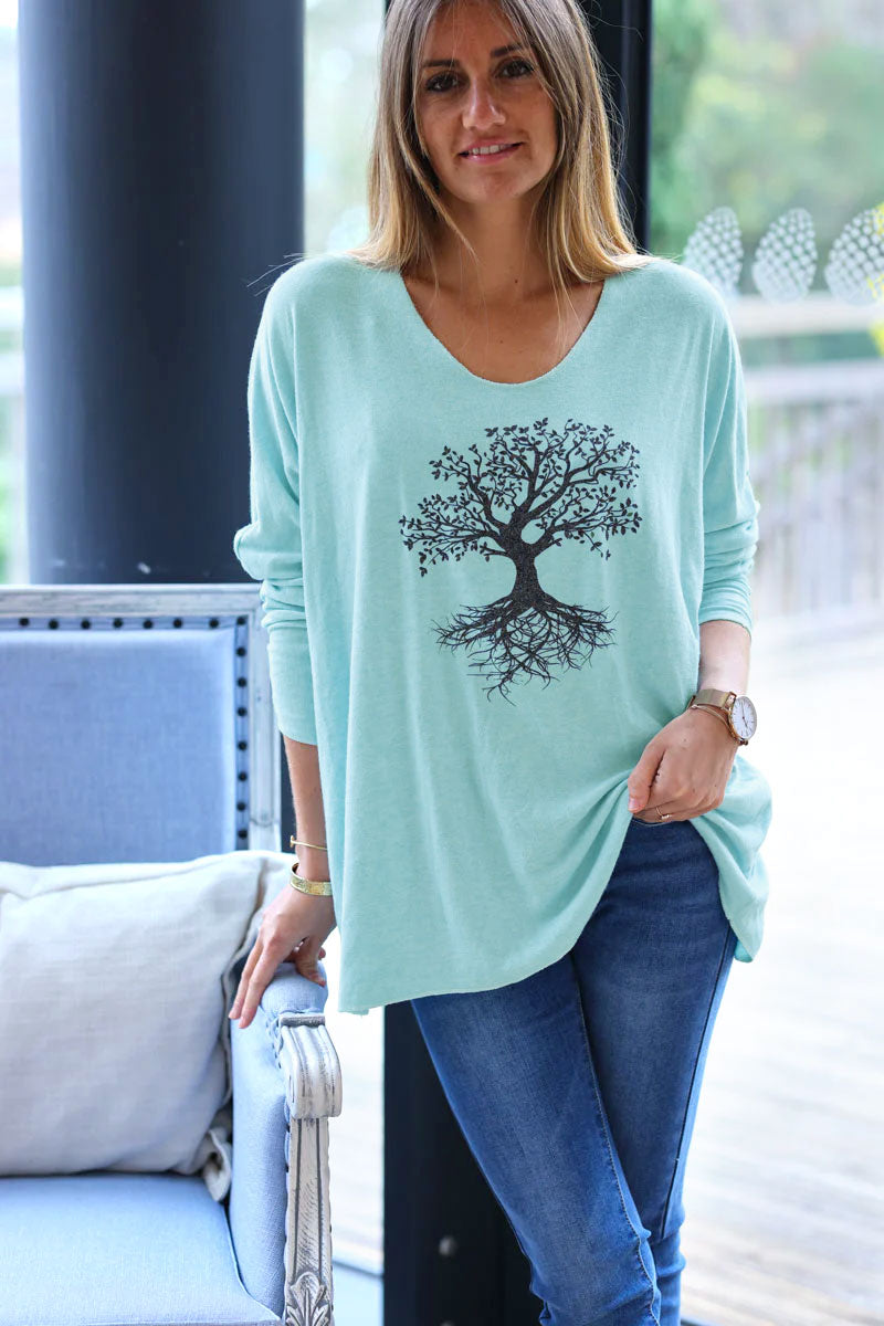 Mint blue light weight sweater with tree of life print