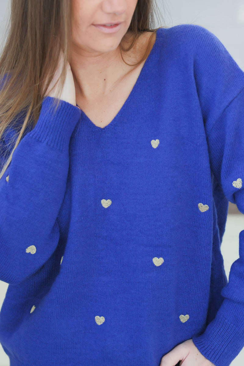 Royal Blue Embroidered Hearts V-Neck Sweater