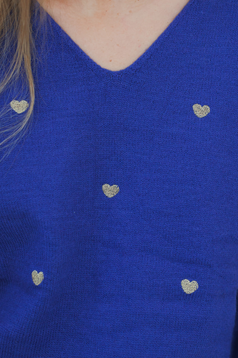 Royal Blue Embroidered Hearts V-Neck Sweater