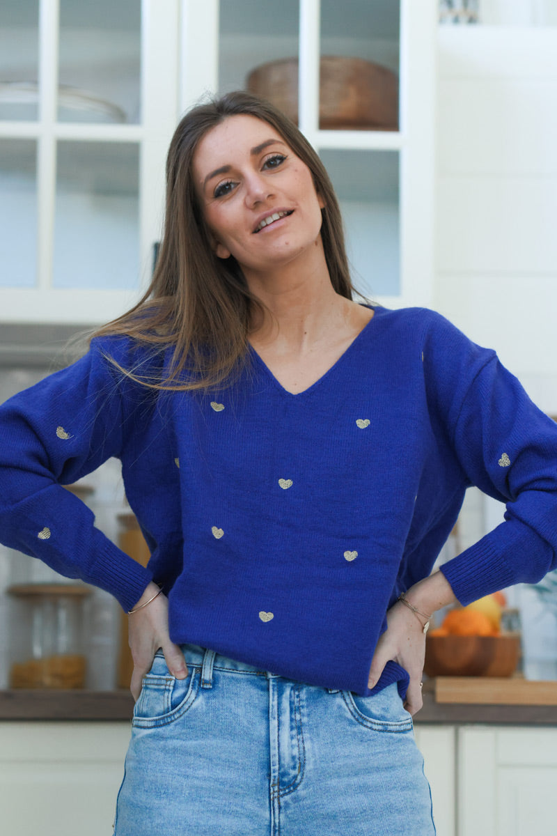 Royal Blue Embroidered Hearts V-Neck Sweater