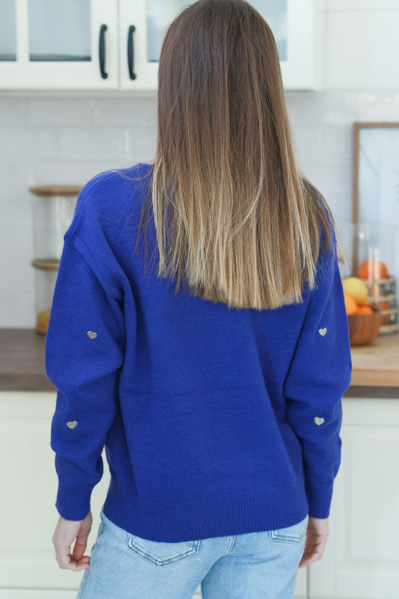 Royal Blue Embroidered Hearts V-Neck Sweater