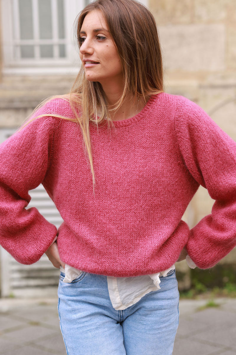 Pull bois de rose en maille manches bouffantes col rond