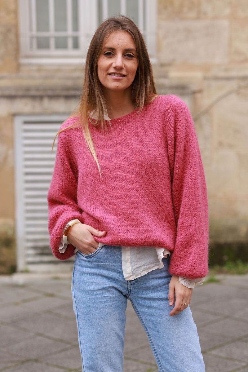 Pull bois de rose en maille manches bouffantes col rond