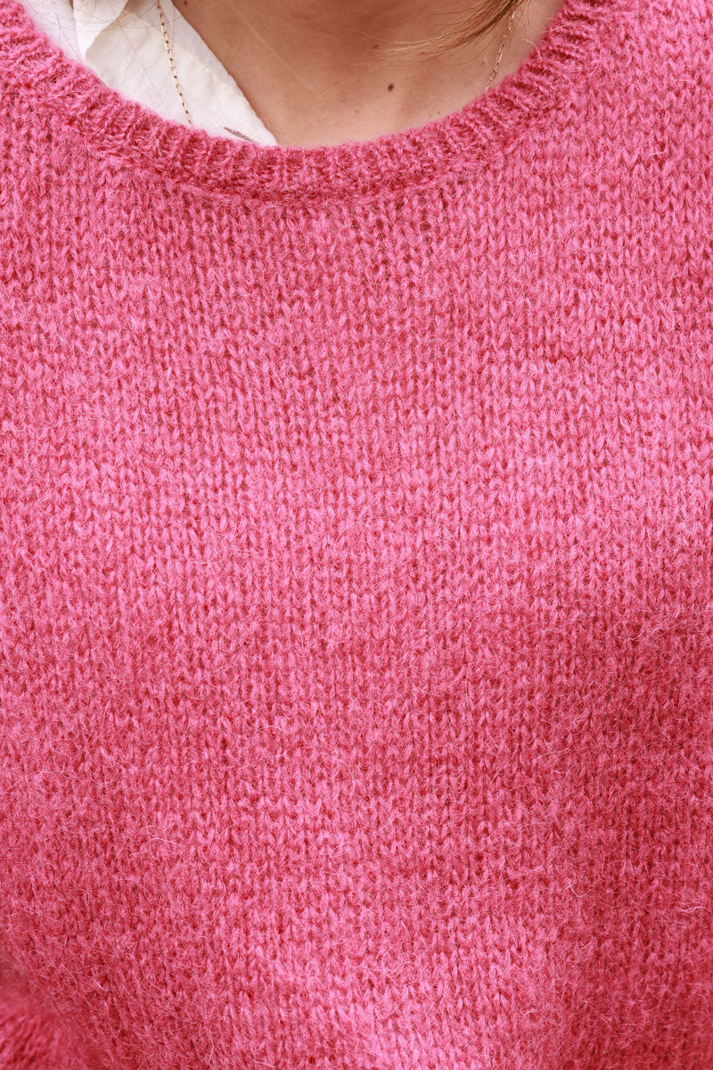 Pull bois de rose en maille manches bouffantes col rond