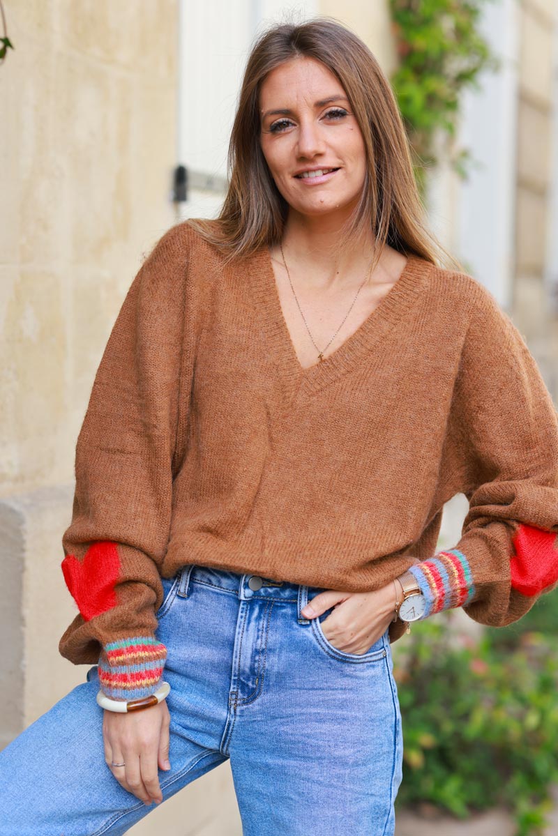 Camel Heart Sleeve Wool Blend Sweater