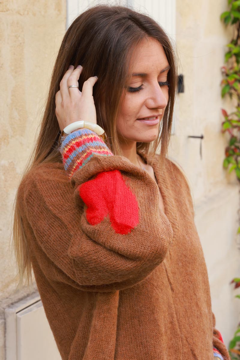 Camel Heart Sleeve Wool Blend Sweater