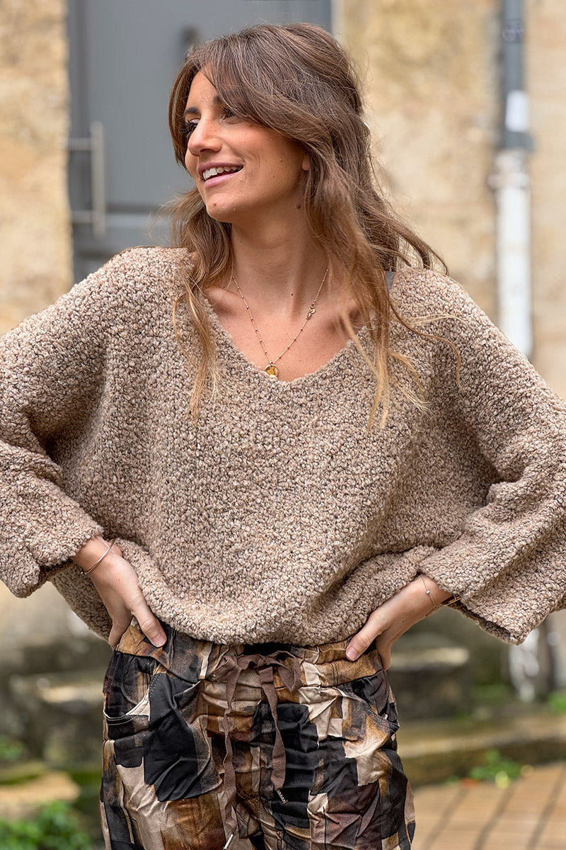 Taupe Fuzzy Knit Alpaca Sweater