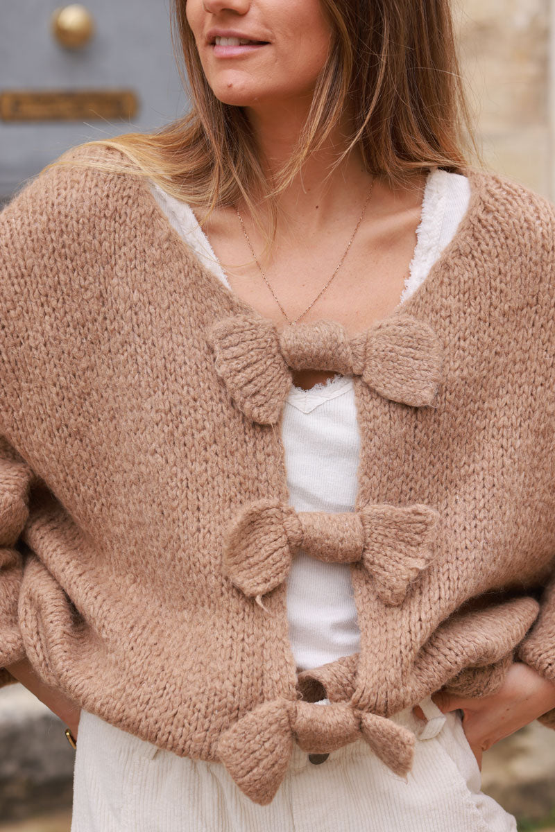 Camel Bow Detail Wool Blend Jumper