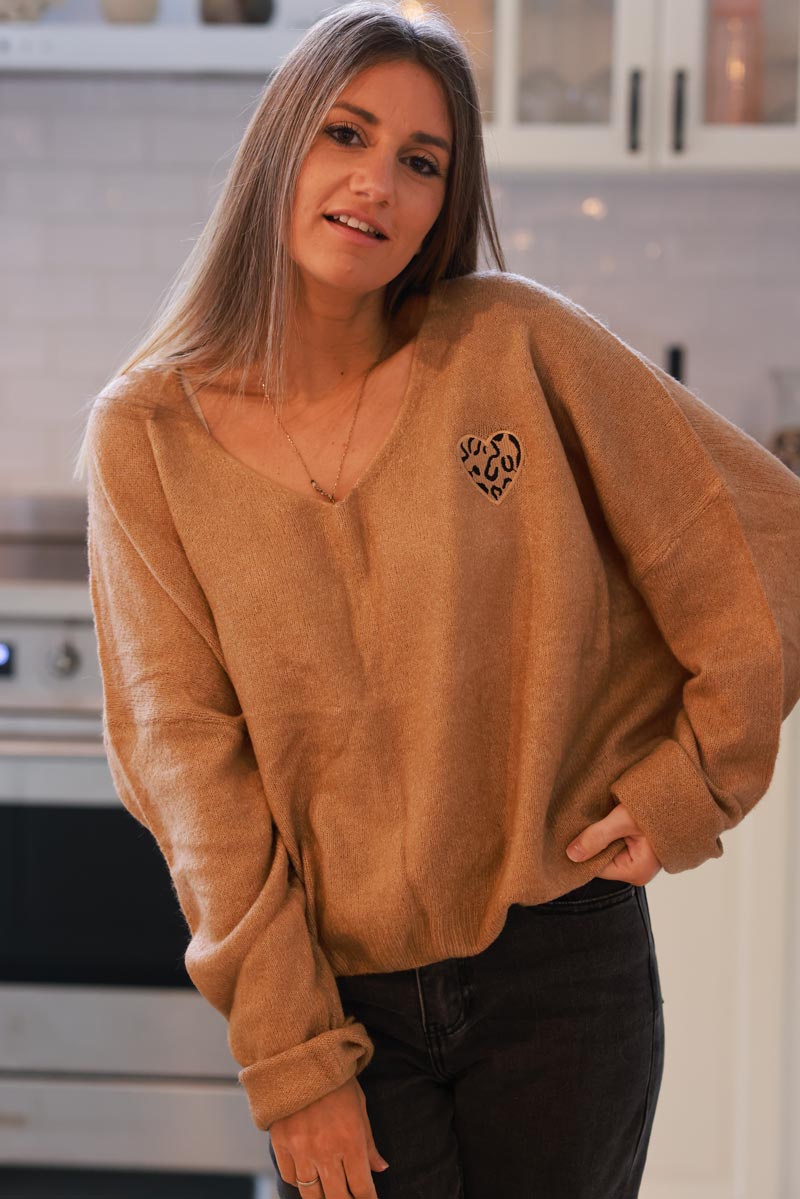 Camel Heart Slouchy Knit V-Neck Sweater