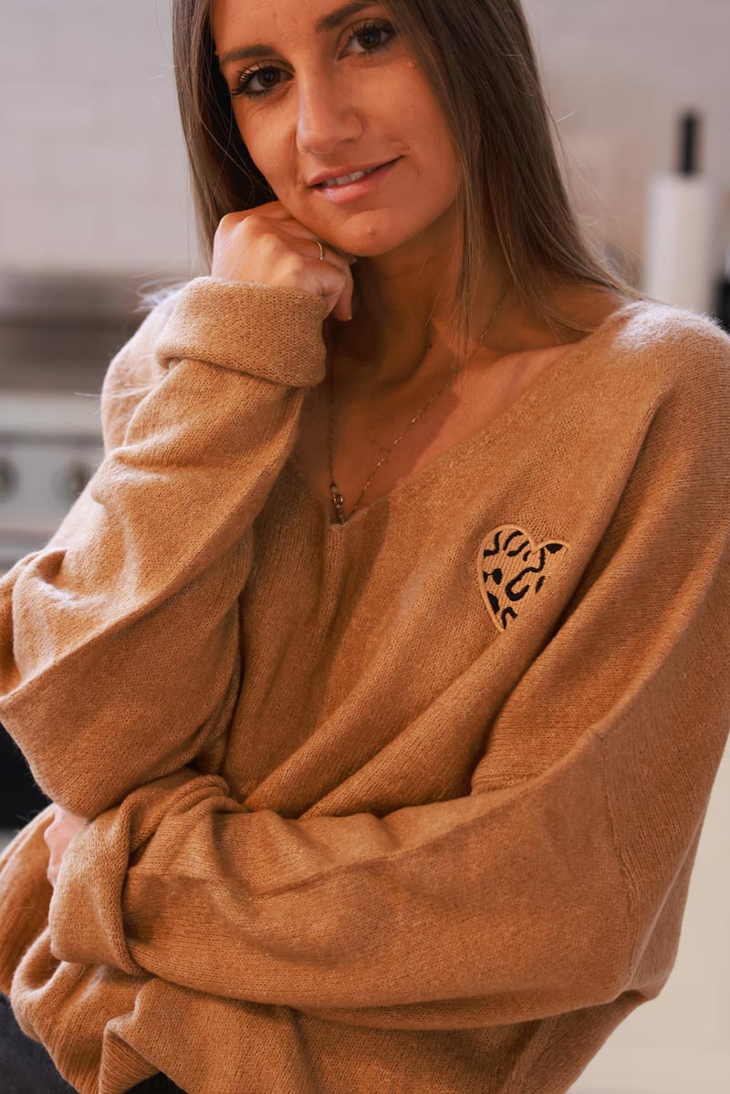 Camel Heart Slouchy Knit V-Neck Sweater