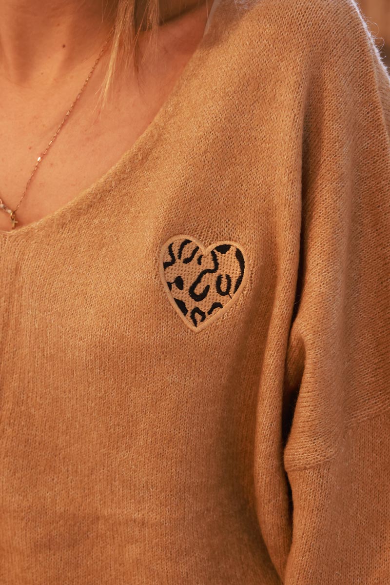 Camel Heart Slouchy Knit V-Neck Sweater