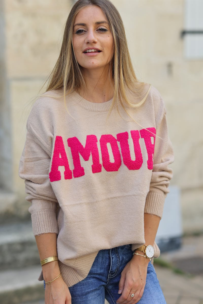 Pull camel tout doux col rond Amour en eponge fuchsia H275 (1)