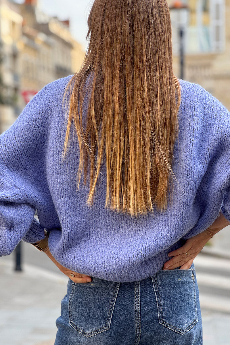 Pull chaud bleu lavande grosse maille douce manches bouffantes col rond