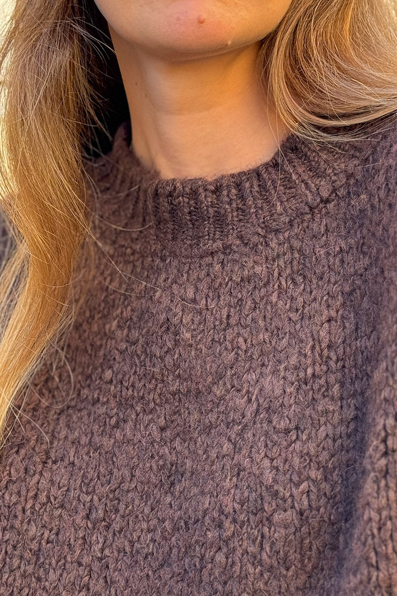 Pull chaud marron chocolat grosse maille douce manches bouffantes col rond
