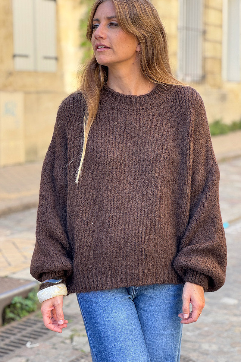 Pull chaud marron chocolat grosse maille douce manches bouffantes col rond