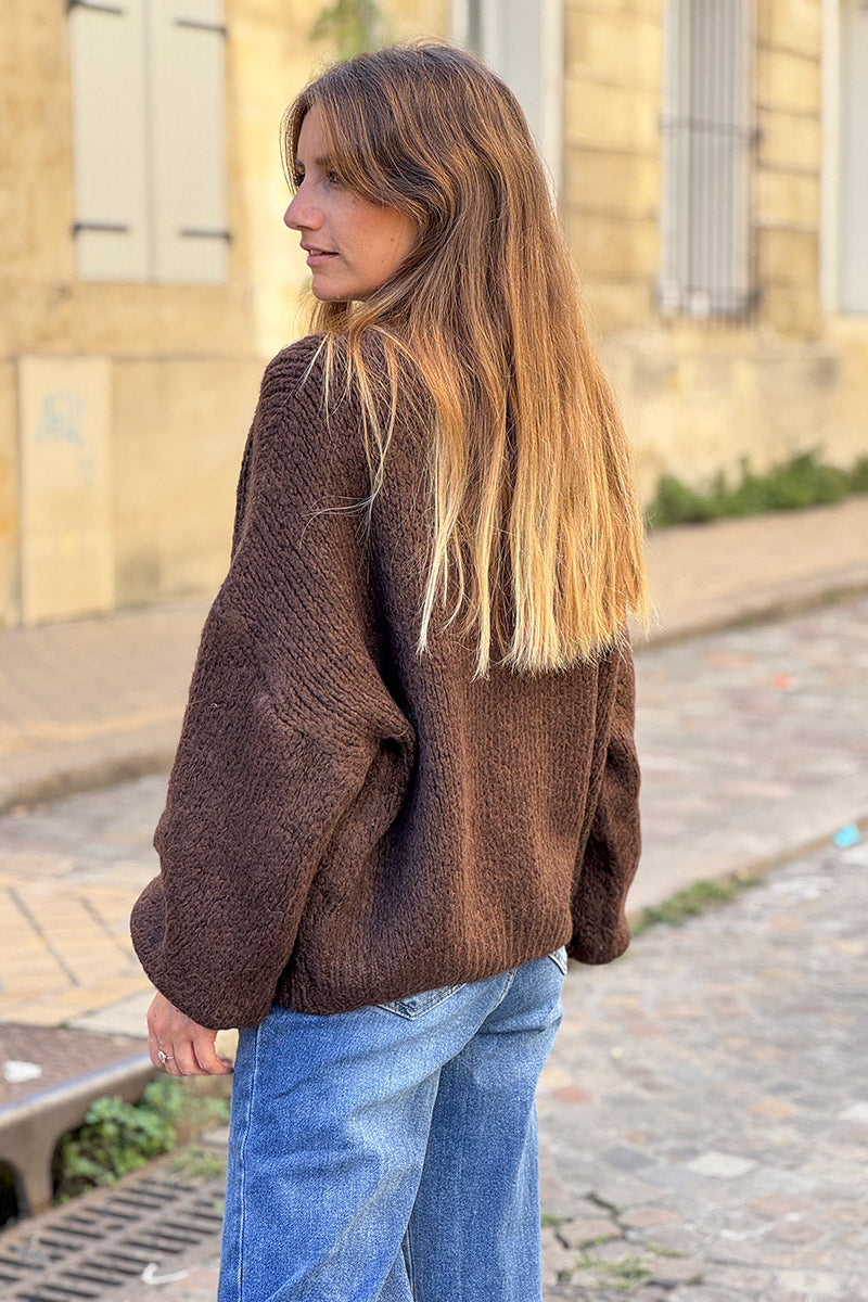 Pull chaud marron chocolat grosse maille douce manches bouffantes col rond