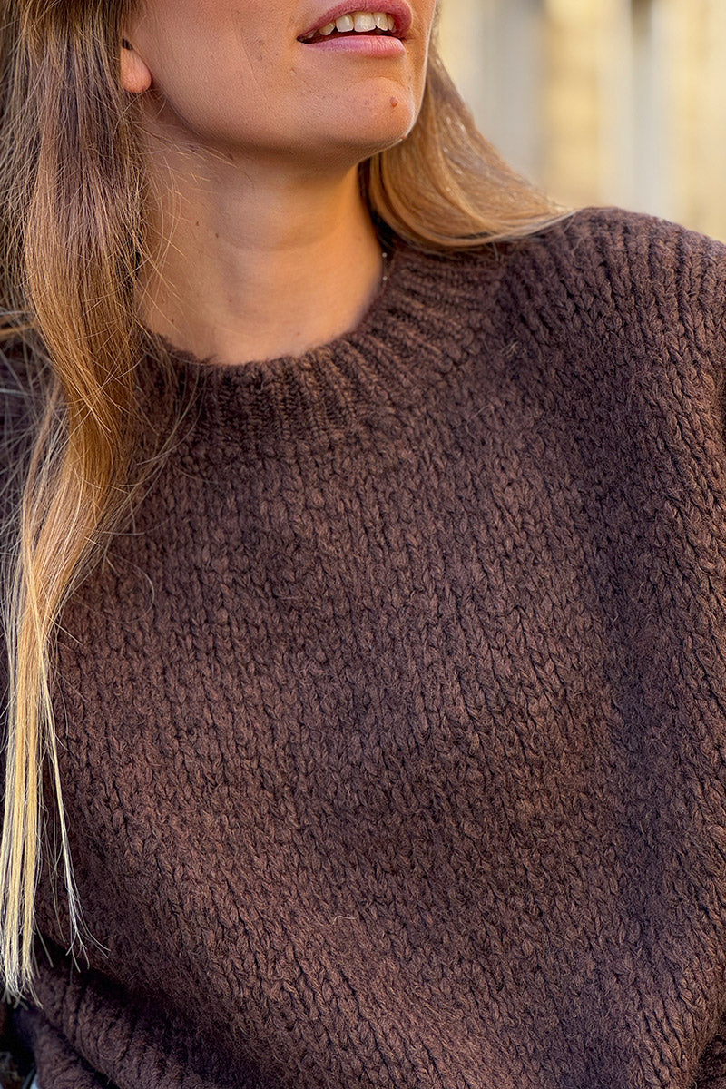 Pull chaud marron chocolat grosse maille douce manches bouffantes col rond