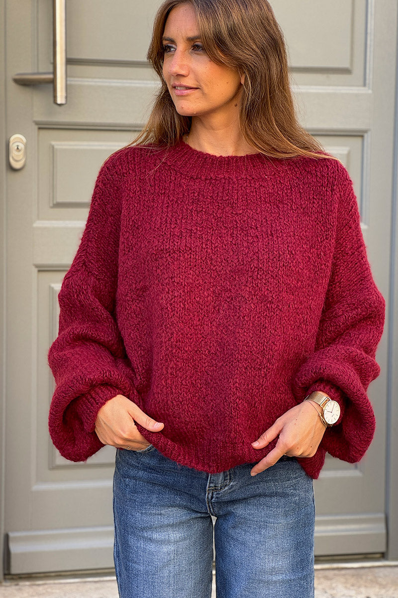 Pull chaud rouge bordeaux grosse maille douce manches bouffantes col rond