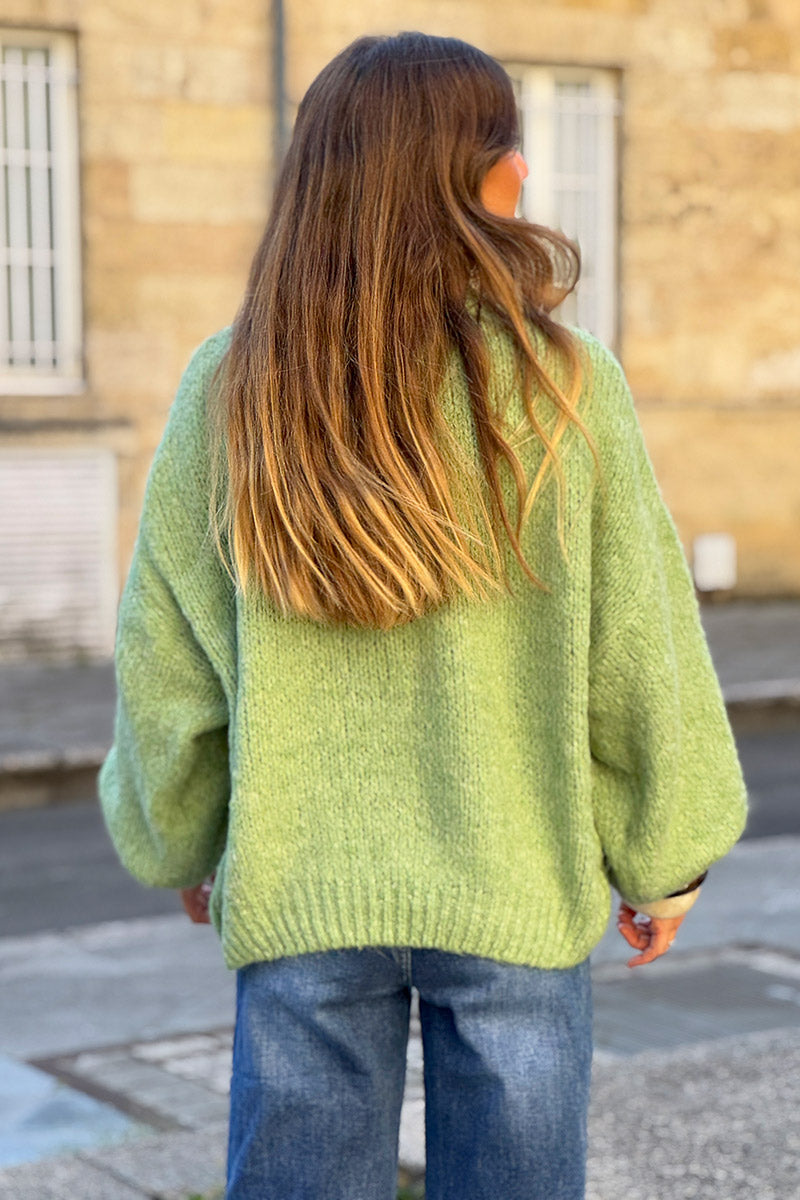 Pull chaud vert grosse maille douce manches bouffantes col rond