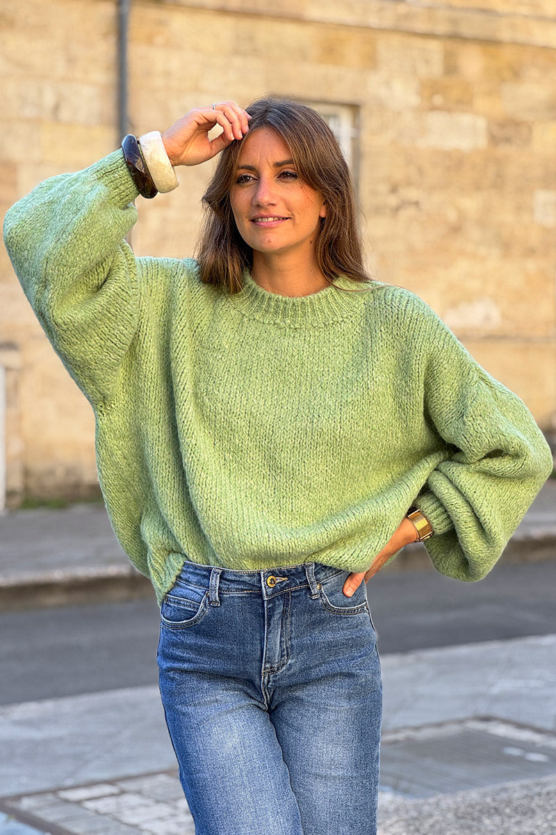 Pull chaud vert grosse maille douce manches bouffantes col rond