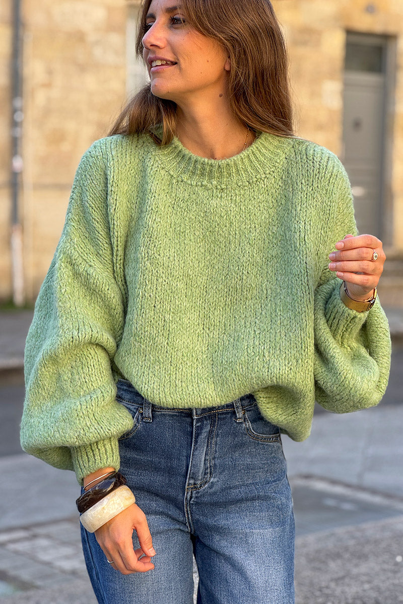 Pull chaud vert grosse maille douce manches bouffantes col rond