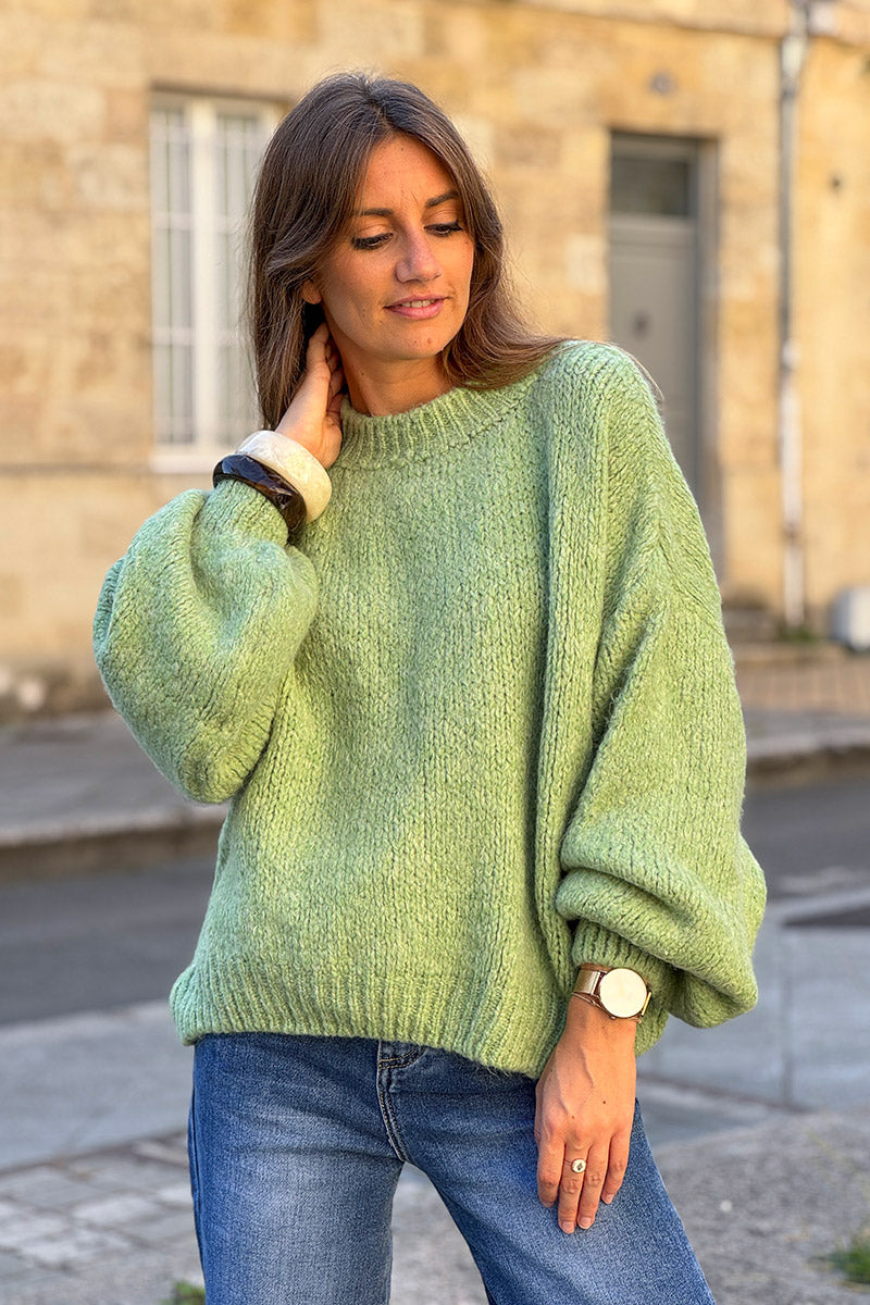 Pull chaud vert grosse maille douce manches bouffantes col rond