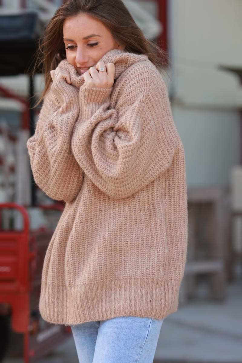 Camel Chunky Knit Turtleneck Sweater