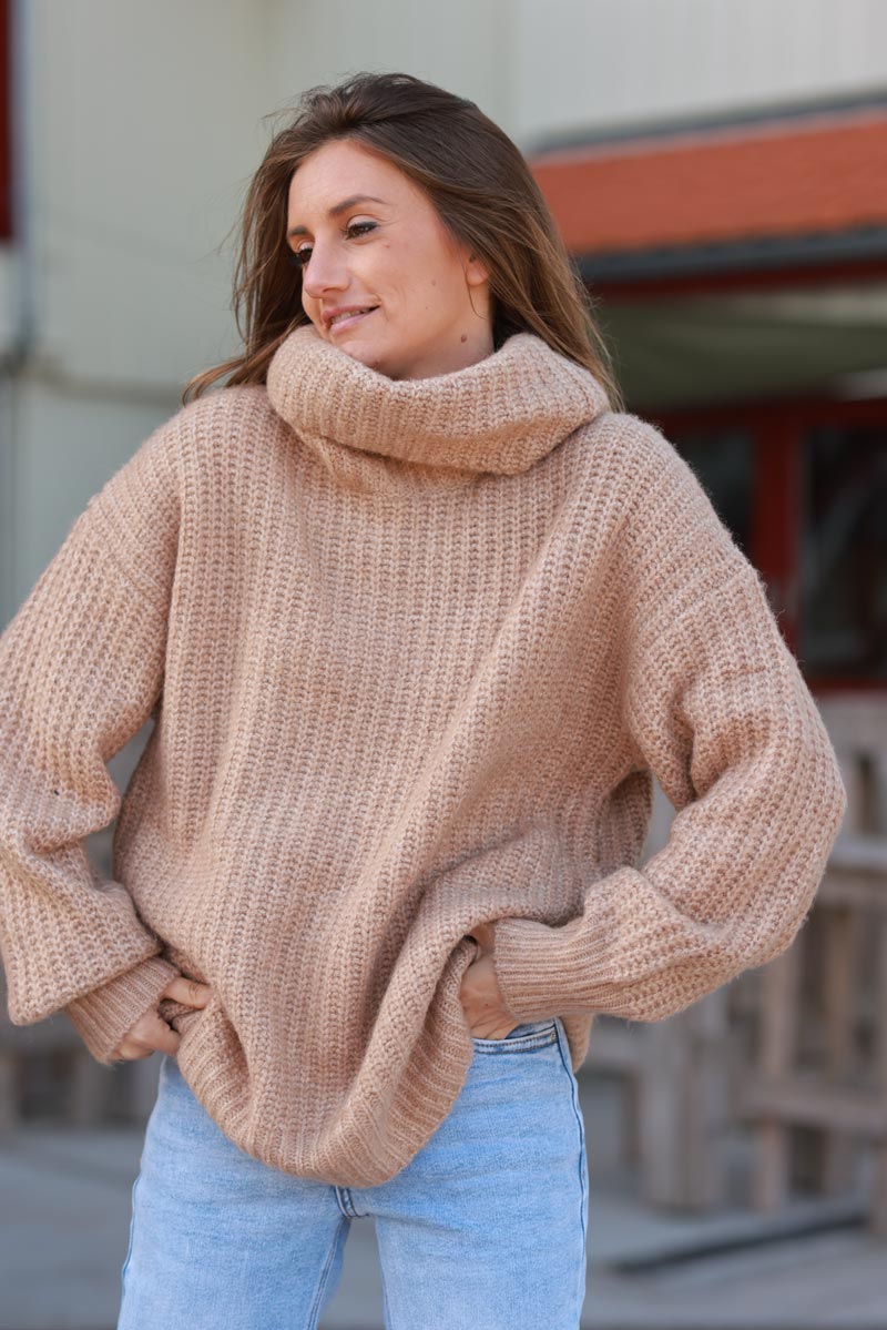 Camel Chunky Knit Turtleneck Sweater